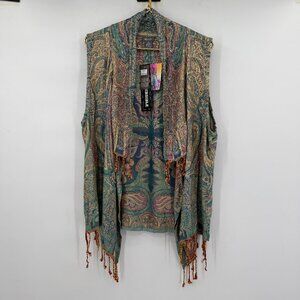 ANU Reversible Paisley Vest Cardigan XL Boho Draped Fringe Open Front Rayon NWT